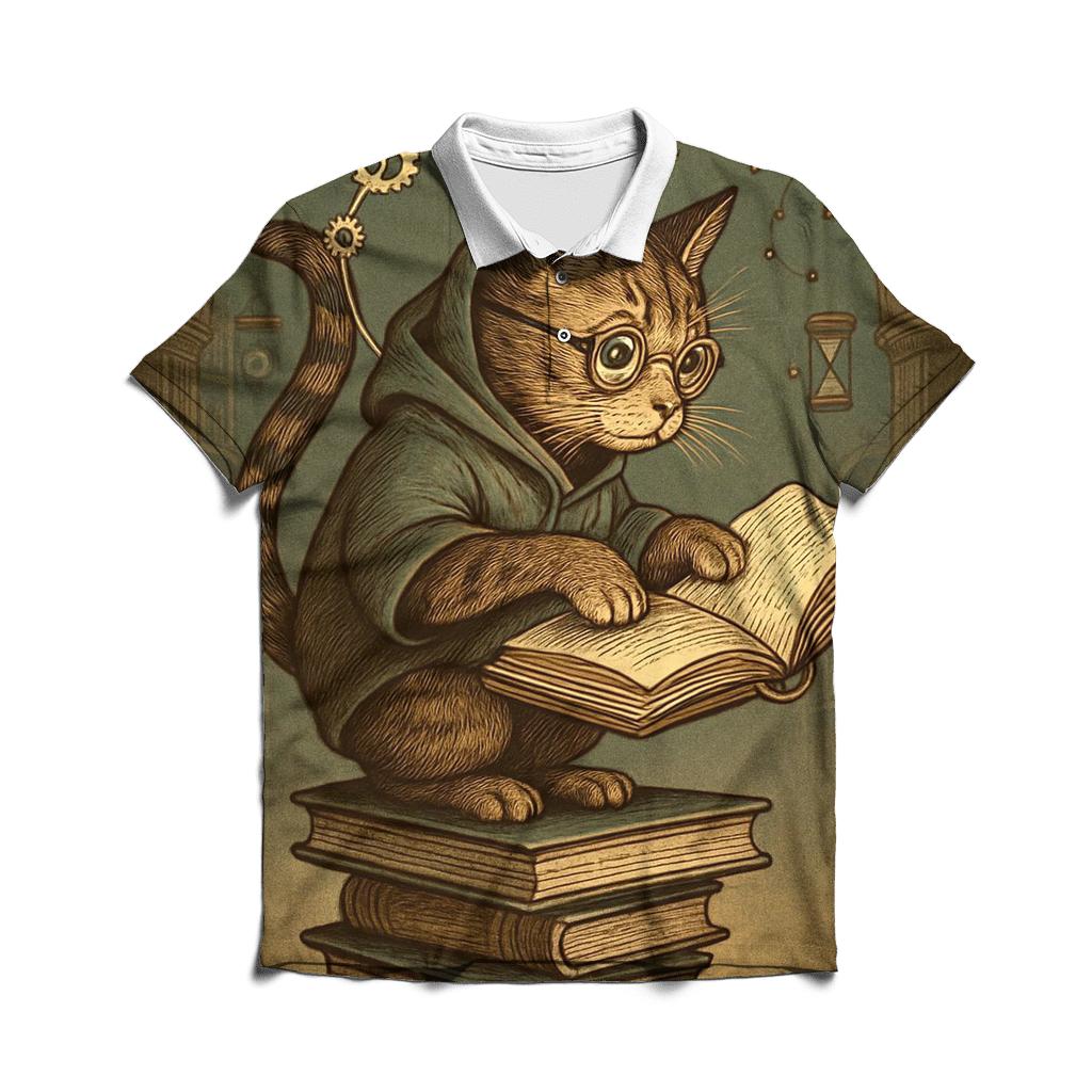 Clockwork Library Scholar Cat custom polo shirts