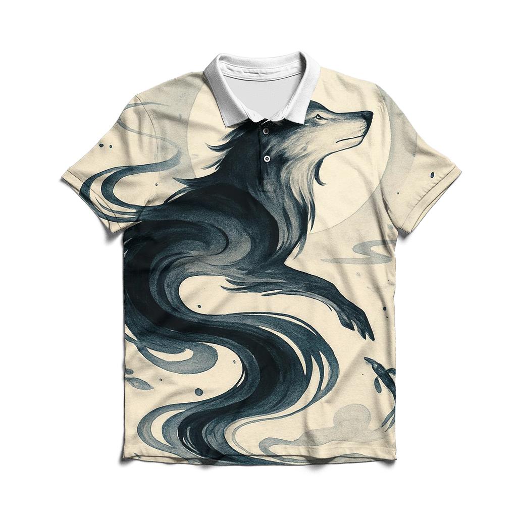 Moonlit Inkwave Spirit Wolf designer slim fit polos
