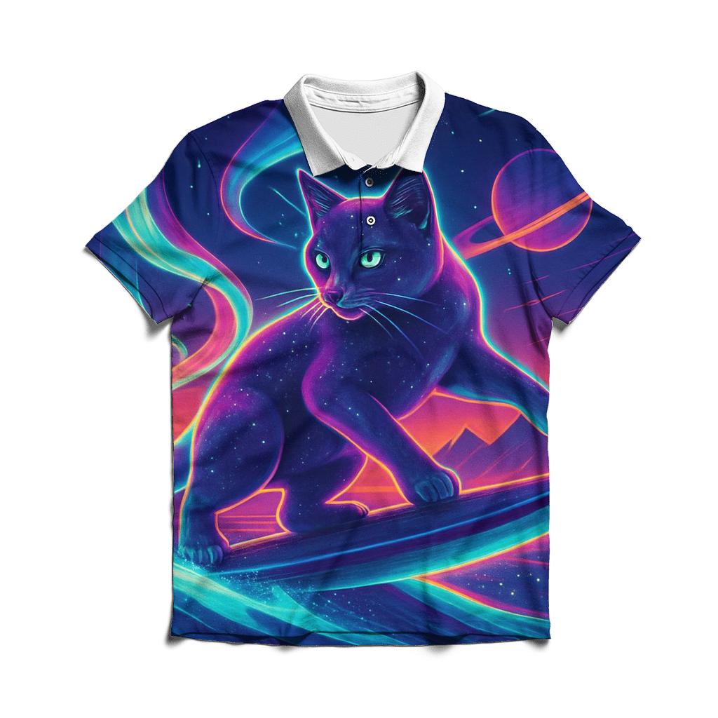 Aurora Surfing Space Cat embroidered polo tops