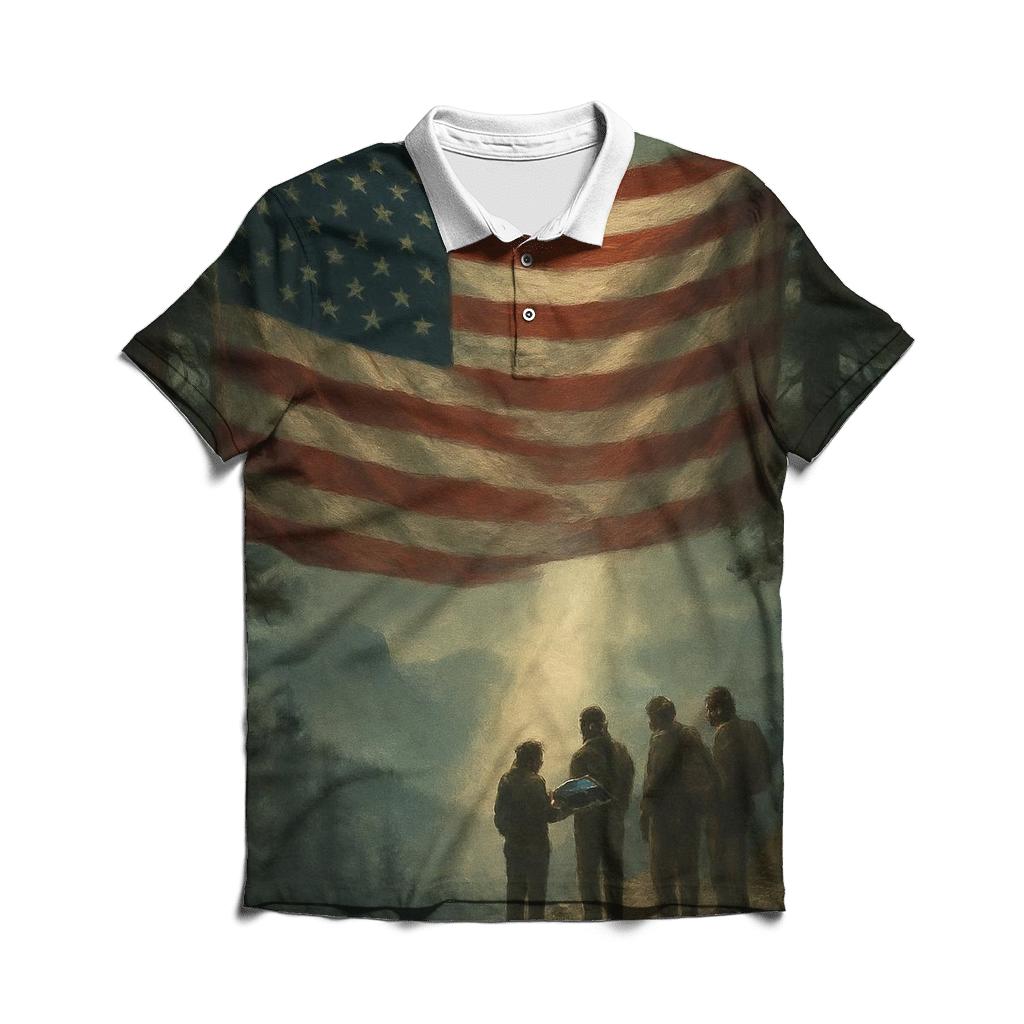 Mountain Memorial Ray Through Flag Fabric branded logo polo shirts