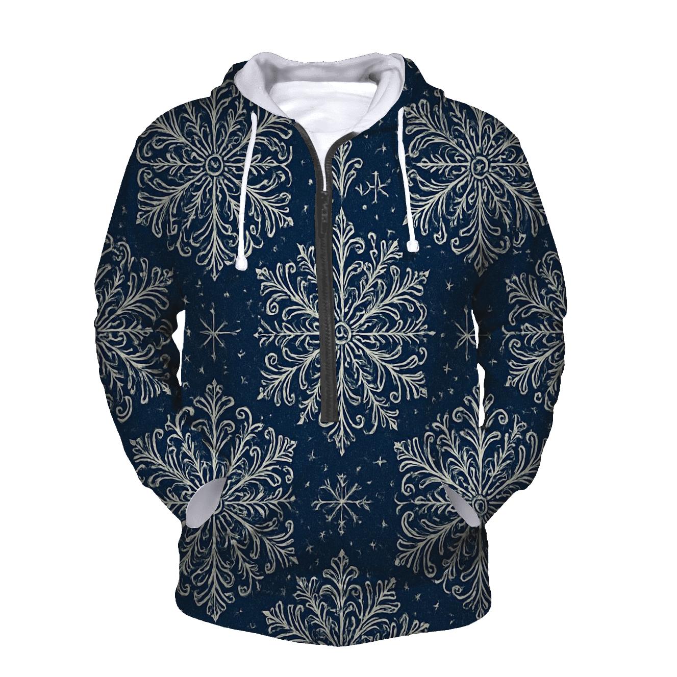 Navy Snowflake Rosette Medallions On Deep Blue Field embroidered hoodies