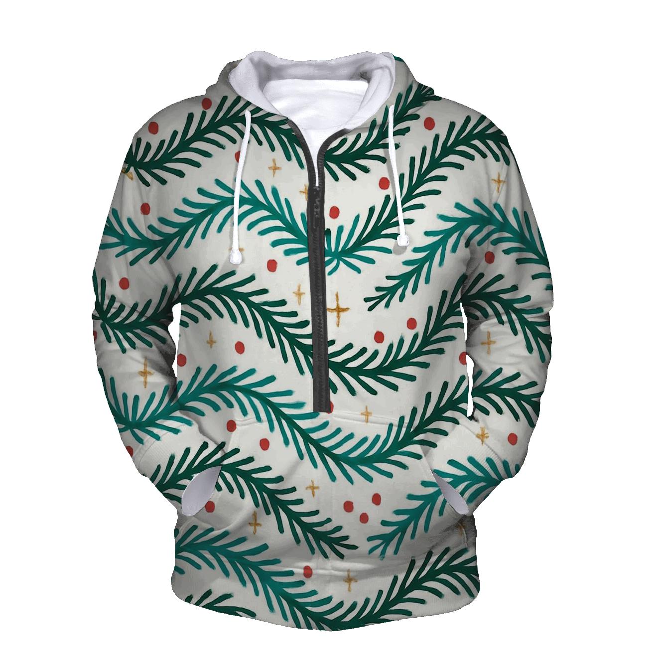 Teal Pine Branch Wave On White Background designer hoodies