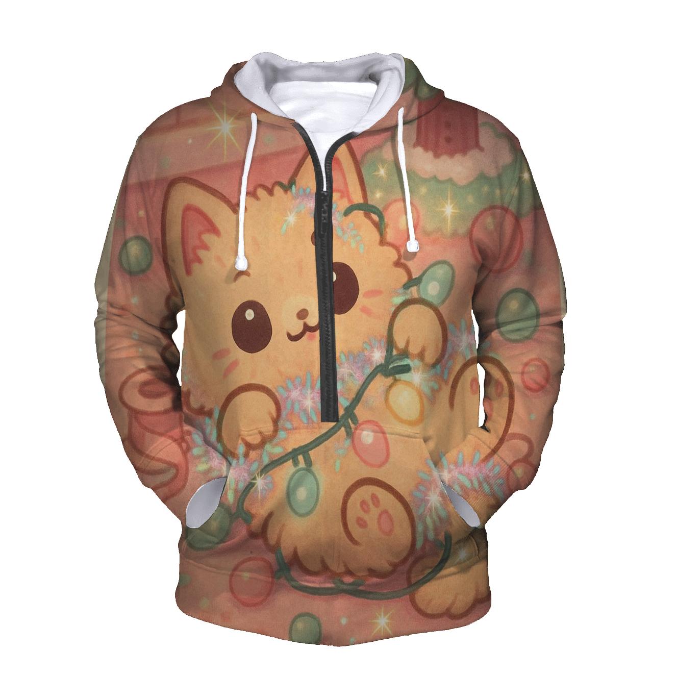 Christmas Cat Tangled In Fairy Lights custom hoodies
