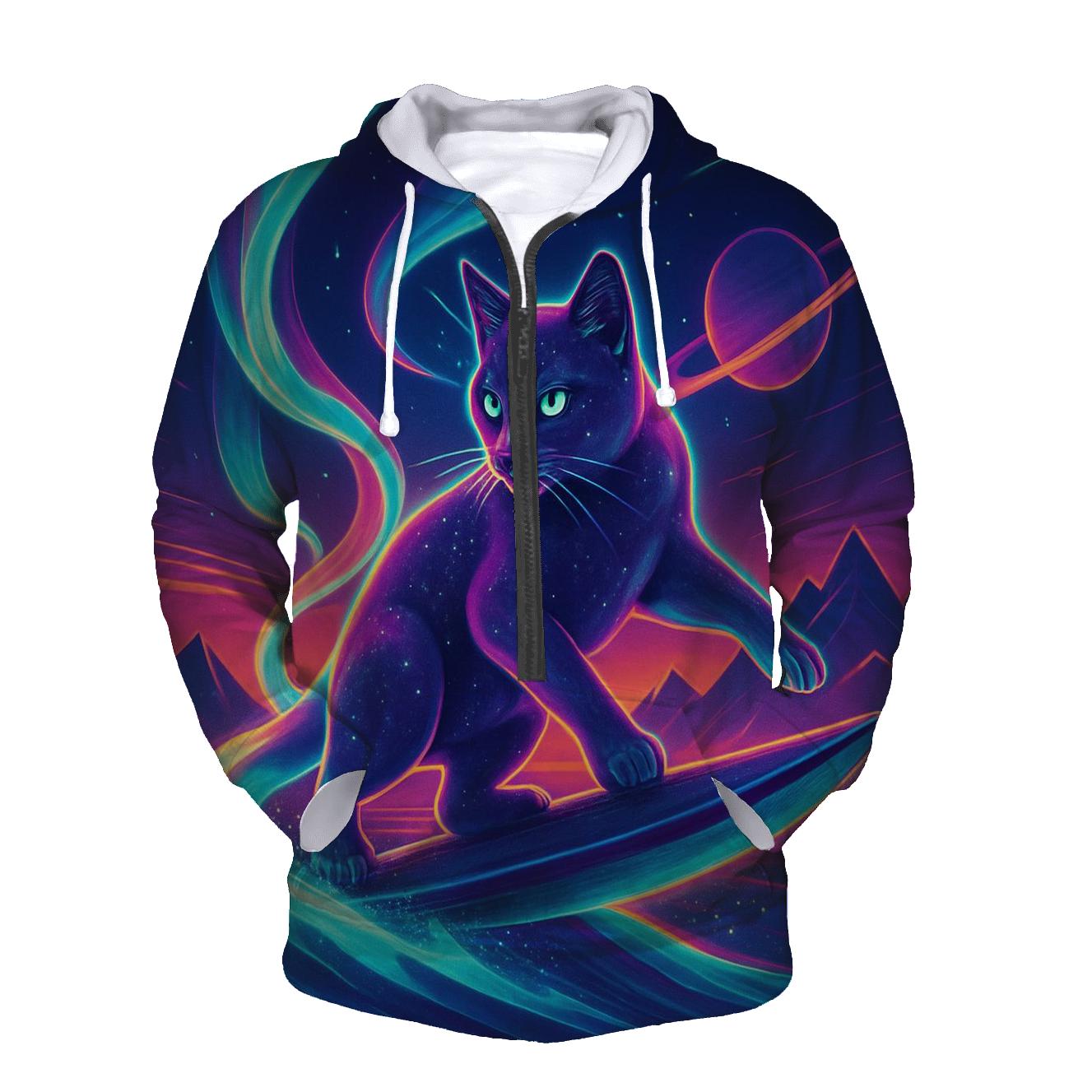 Aurora Surfing Space Cat lightweight hoodies