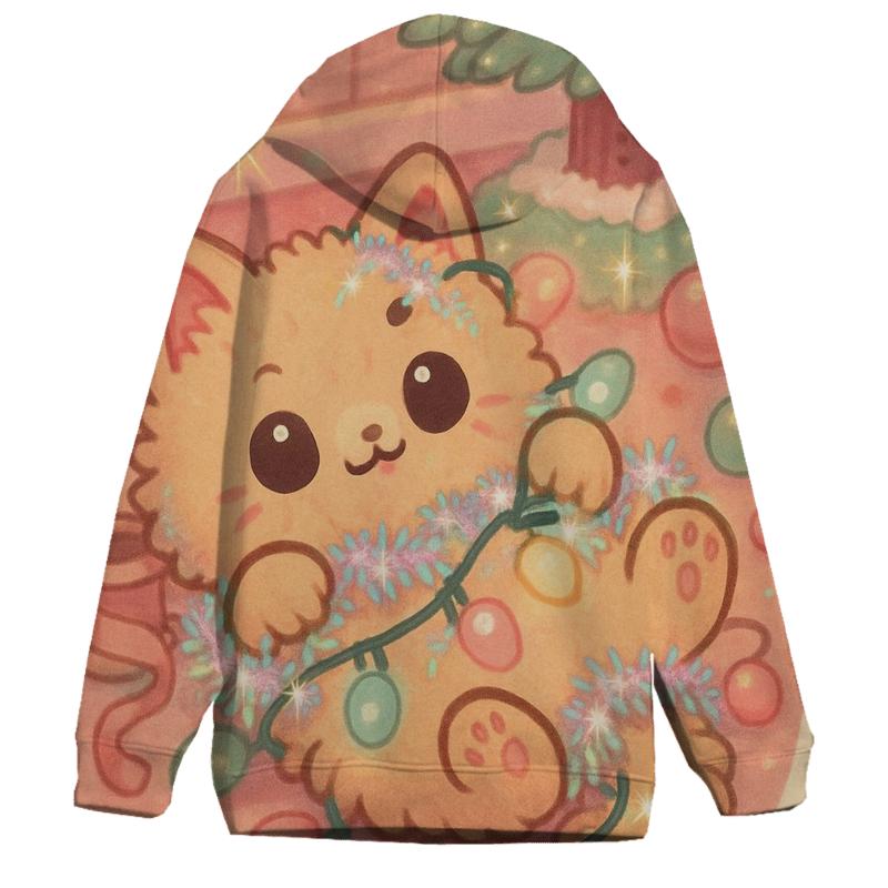 Christmas Cat Tangled In Fairy Lights printed hoodies