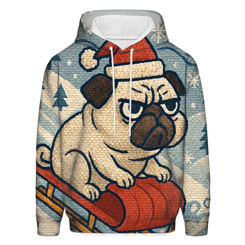 Retro Knit Sledding Pug Blizzard printed hoodies