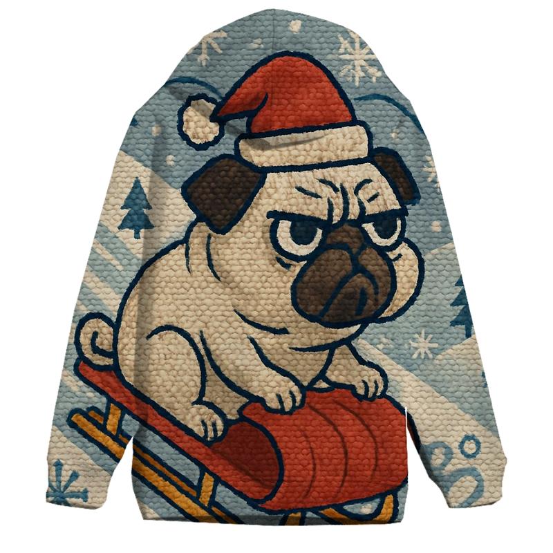Retro Knit Sledding Pug Blizzard printed hoodies
