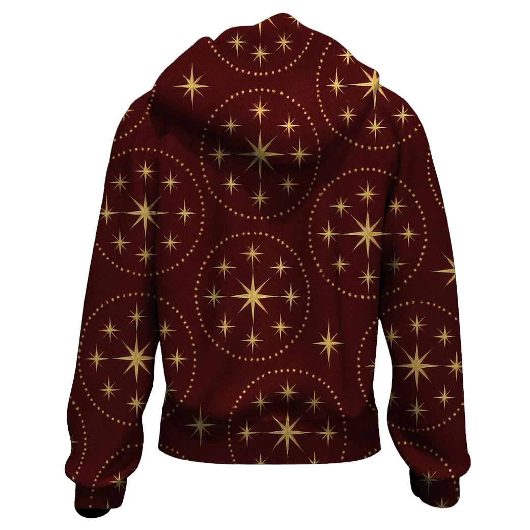 Golden Starburst Concentric Rings On Burgundy Background embroidered hoodies