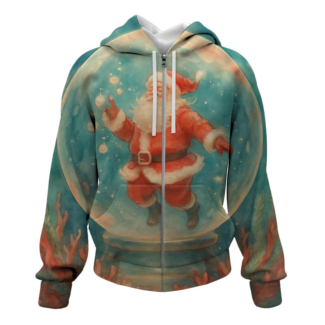 Undersea Santa In Coral Snowglobe zip-up hoodies