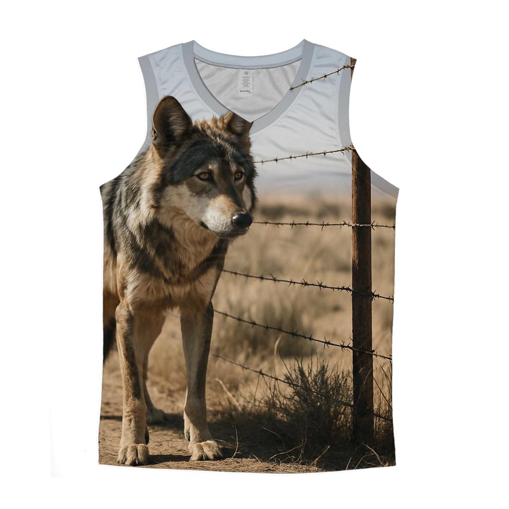 Desert Edge Wolf At A Cattle Fence Line trendy fitted tank tops