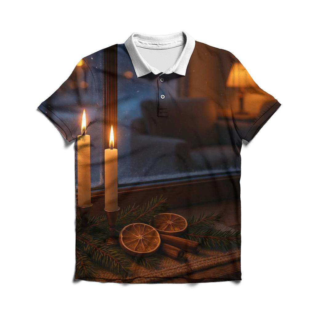 Candlelit Evergreen Window At First Snow custom polo shirts