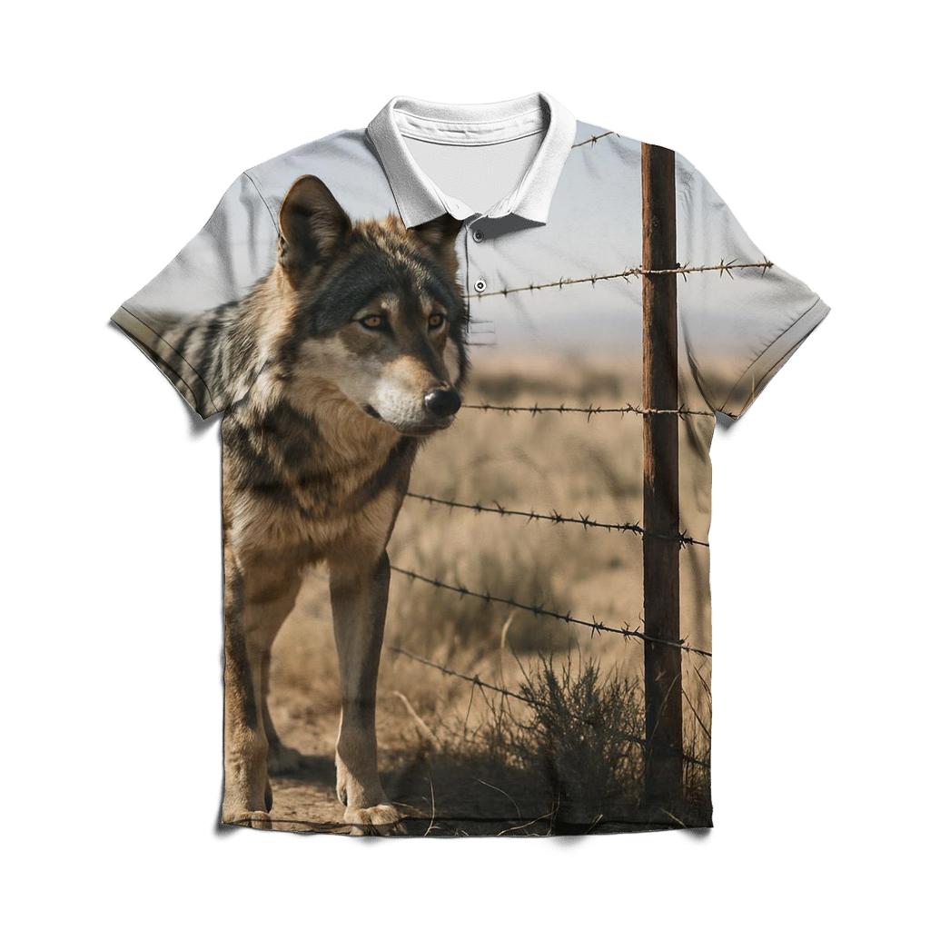 Desert Edge Wolf At A Cattle Fence Line embroidered polo tops