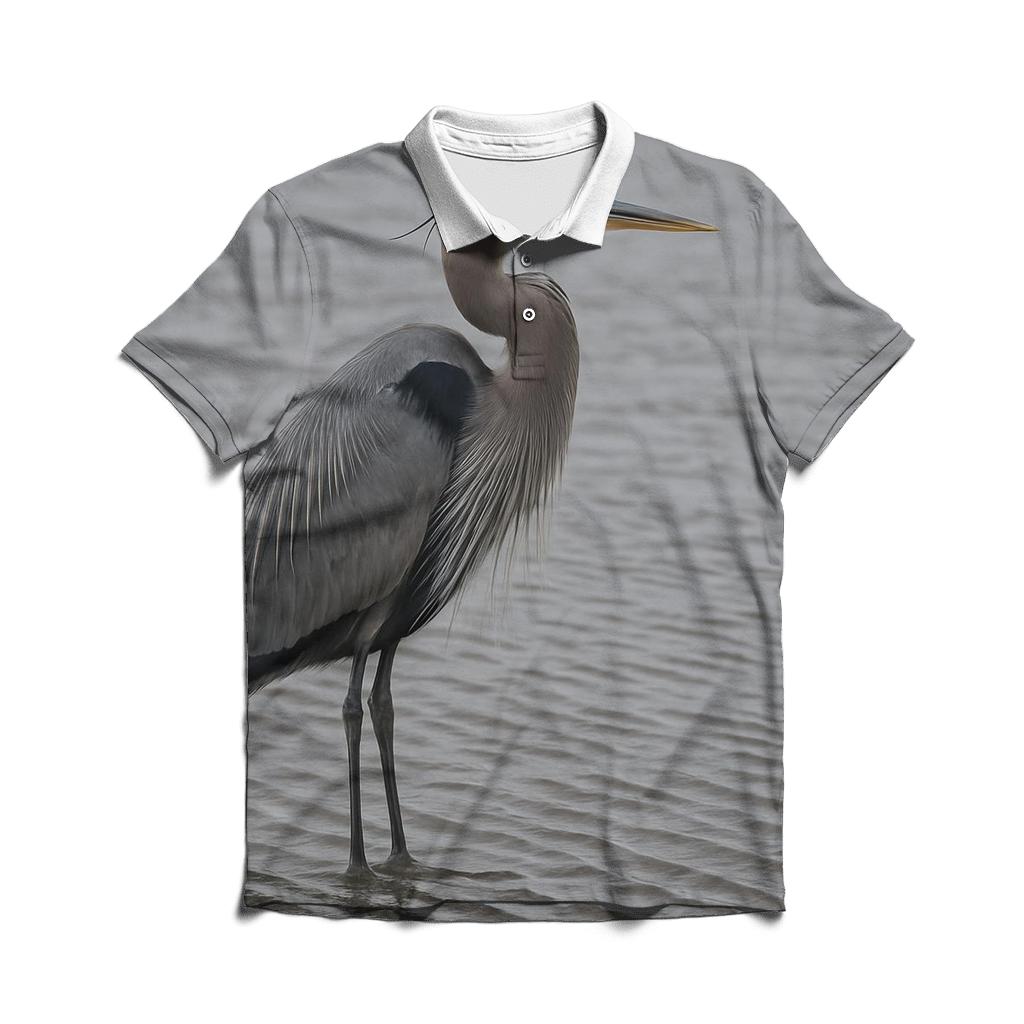 Mudflat Sentinel Great Blue Heron embroidered polo tops