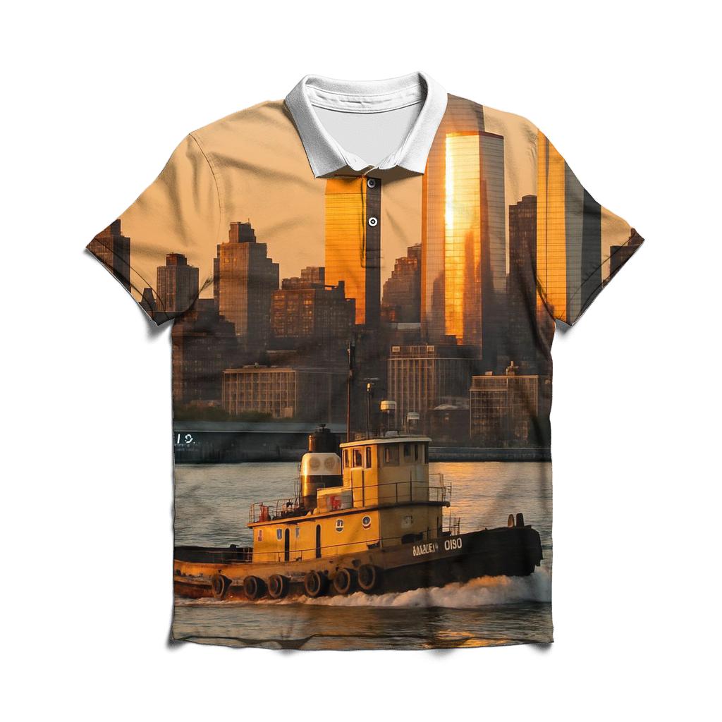 Sunset Tugboat Crossing The Hudson With Uptown Towers casual sports polo shirts