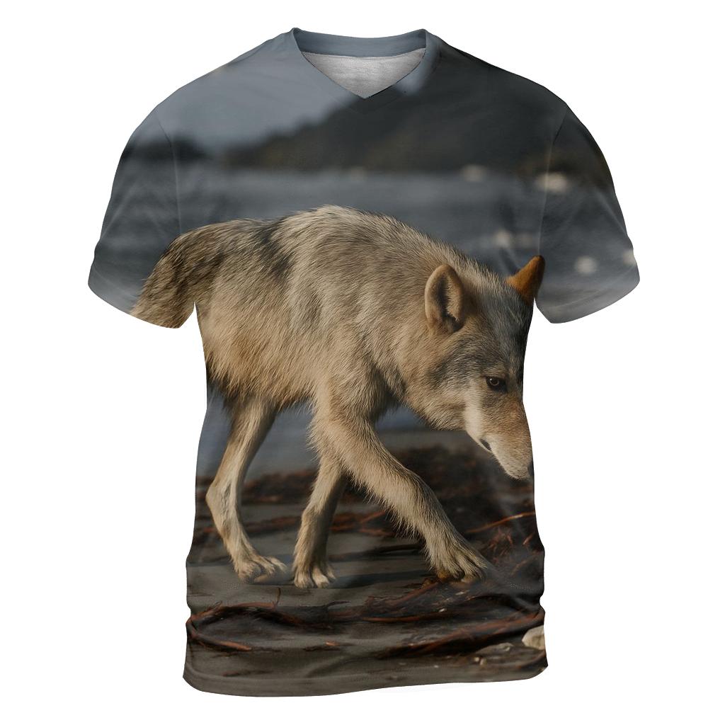 Coastal Wolf Hunting The Wrack Line vibrant all-over design tees