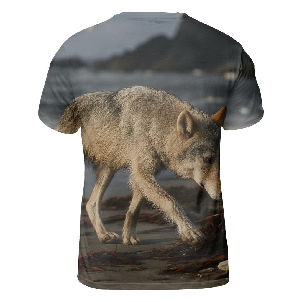 Coastal Wolf Hunting The Wrack Line vibrant all-over design tees