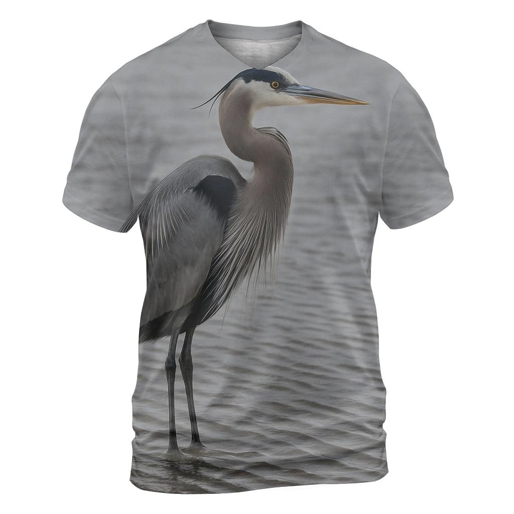 Mudflat Sentinel Great Blue Heron statement graphic shirts