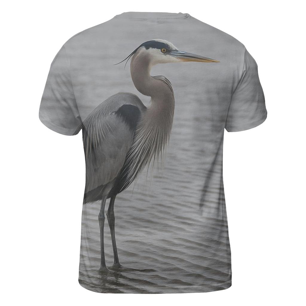 Mudflat Sentinel Great Blue Heron statement graphic shirts