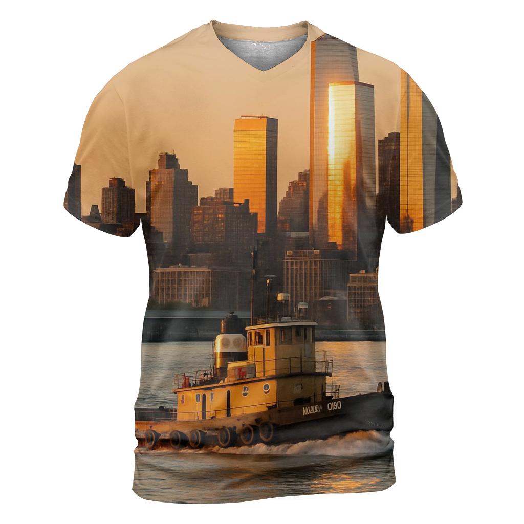 Sunset Tugboat Crossing The Hudson With Uptown Towers trendy printed shirt styles