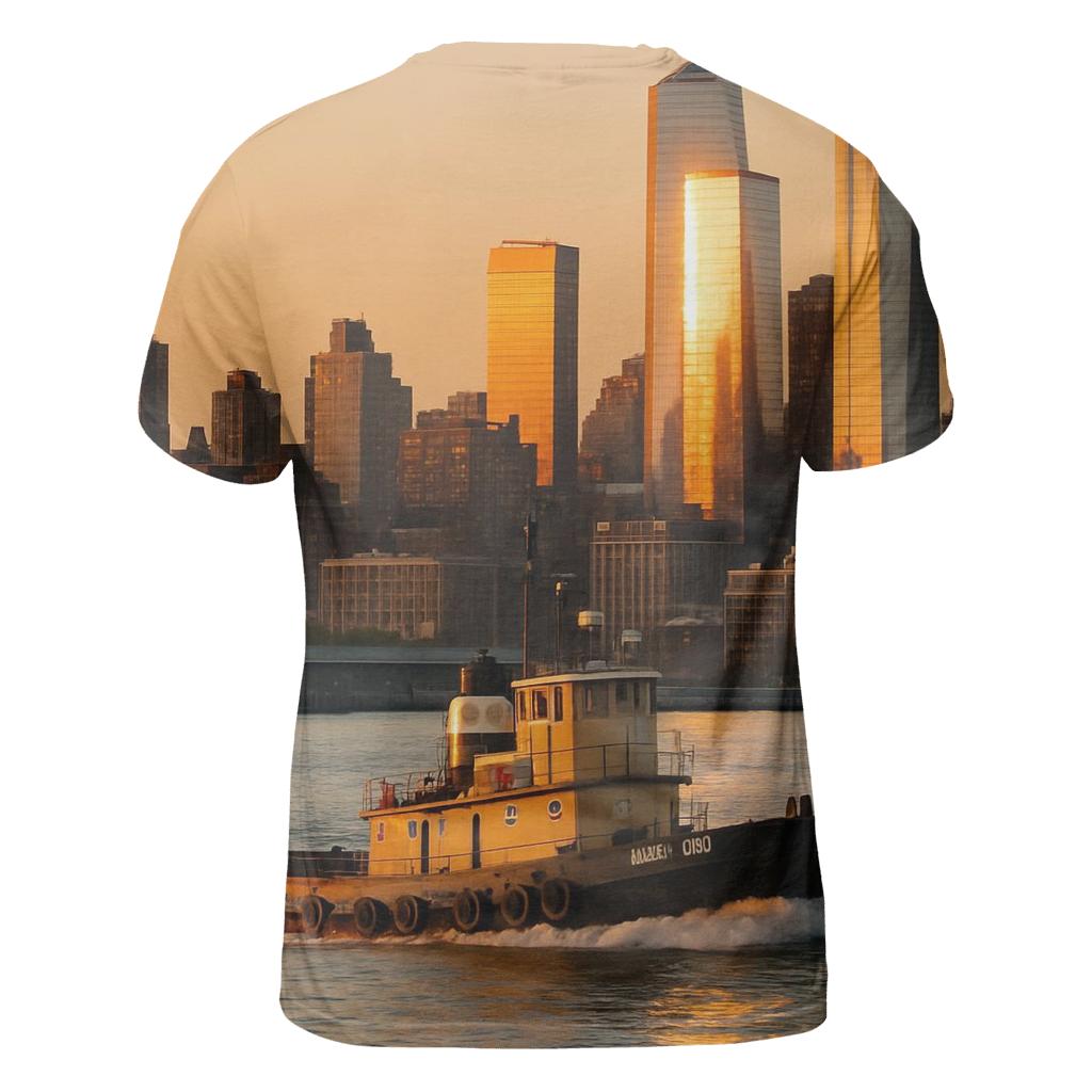 Sunset Tugboat Crossing The Hudson With Uptown Towers trendy printed shirt styles