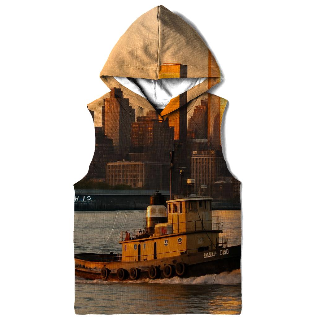 Sunset Tugboat Crossing The Hudson With Uptown Towers pullover hoodies