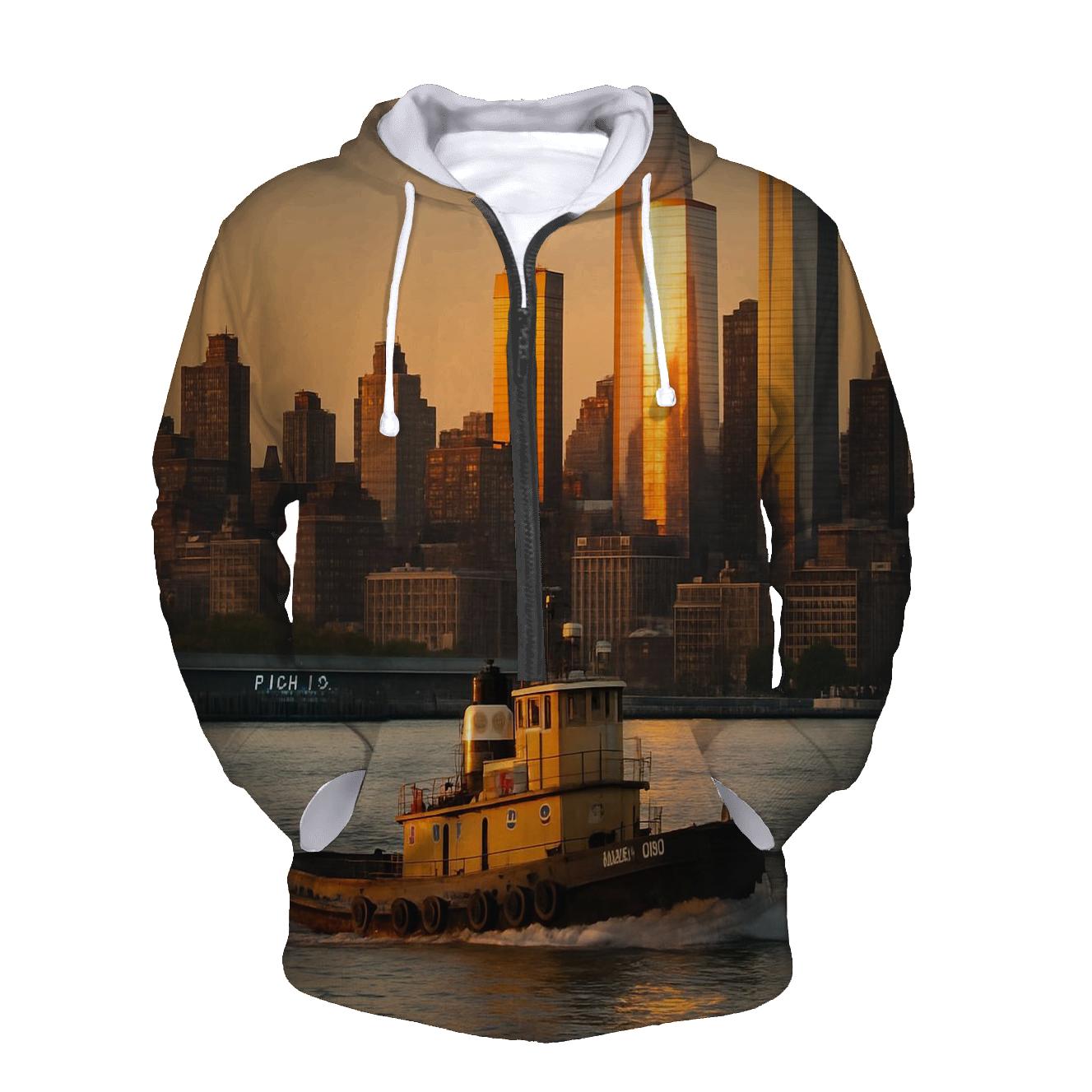 Sunset Tugboat Crossing The Hudson With Uptown Towers hoodies fashion