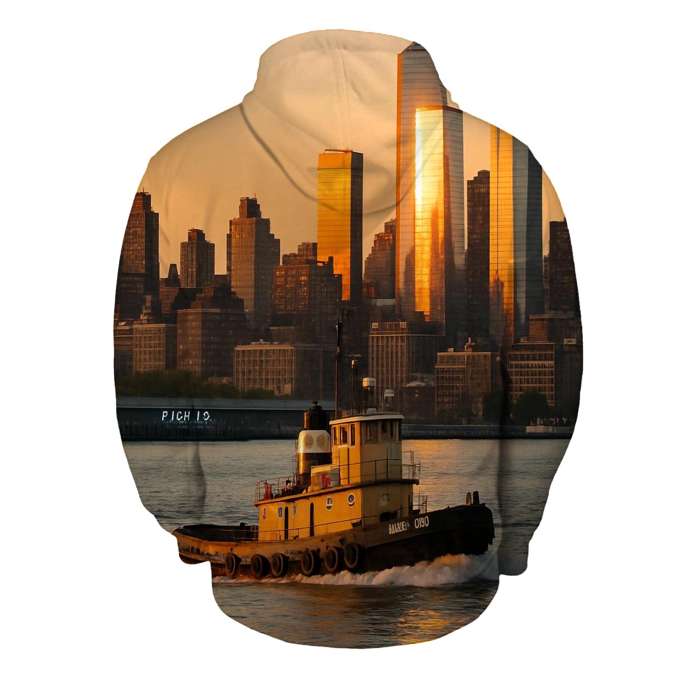 Sunset Tugboat Crossing The Hudson With Uptown Towers hoodies fashion