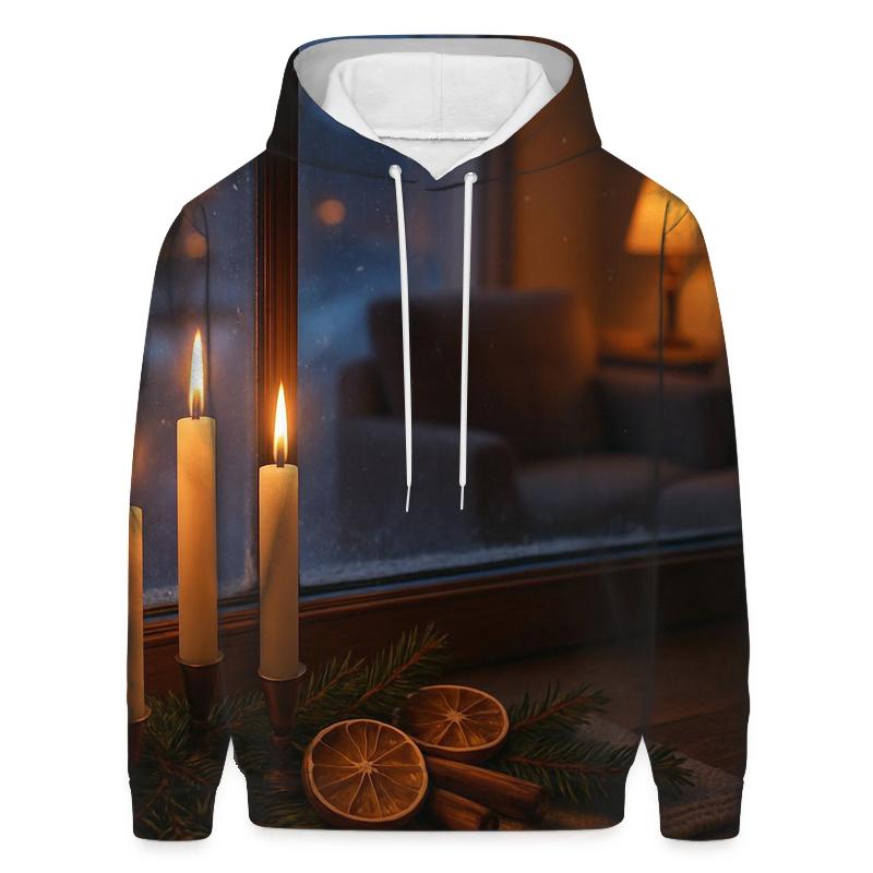 Candlelit Evergreen Window At First Snow embroidered hoodies