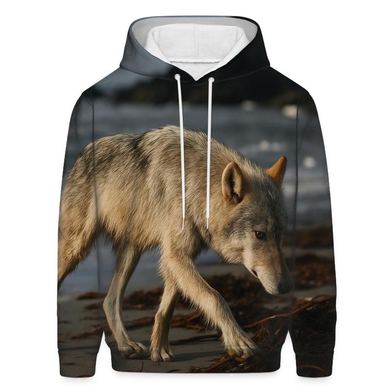 Coastal Wolf Hunting The Wrack Line graphic hoodies