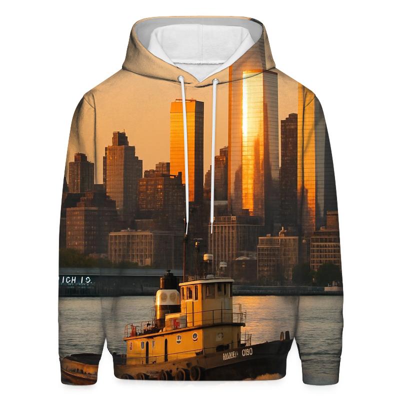 Sunset Tugboat Crossing The Hudson With Uptown Towers hoodie trends