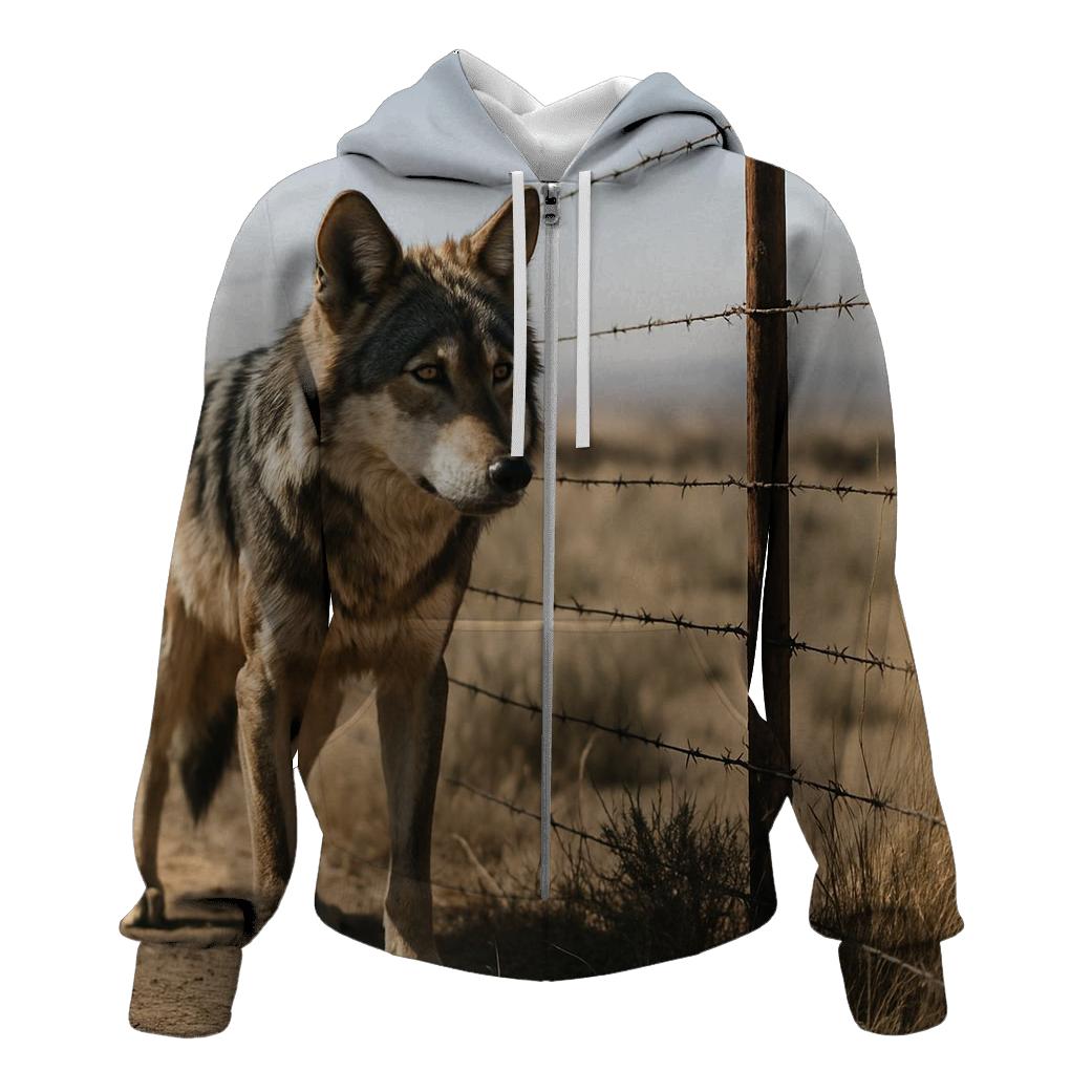 Desert Edge Wolf At A Cattle Fence Line embroidered hoodies