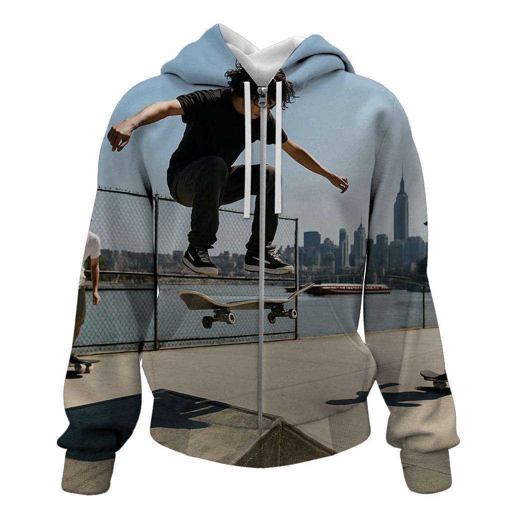 Harlem River Skate Park With Far Midtown Skyline premium hoodies