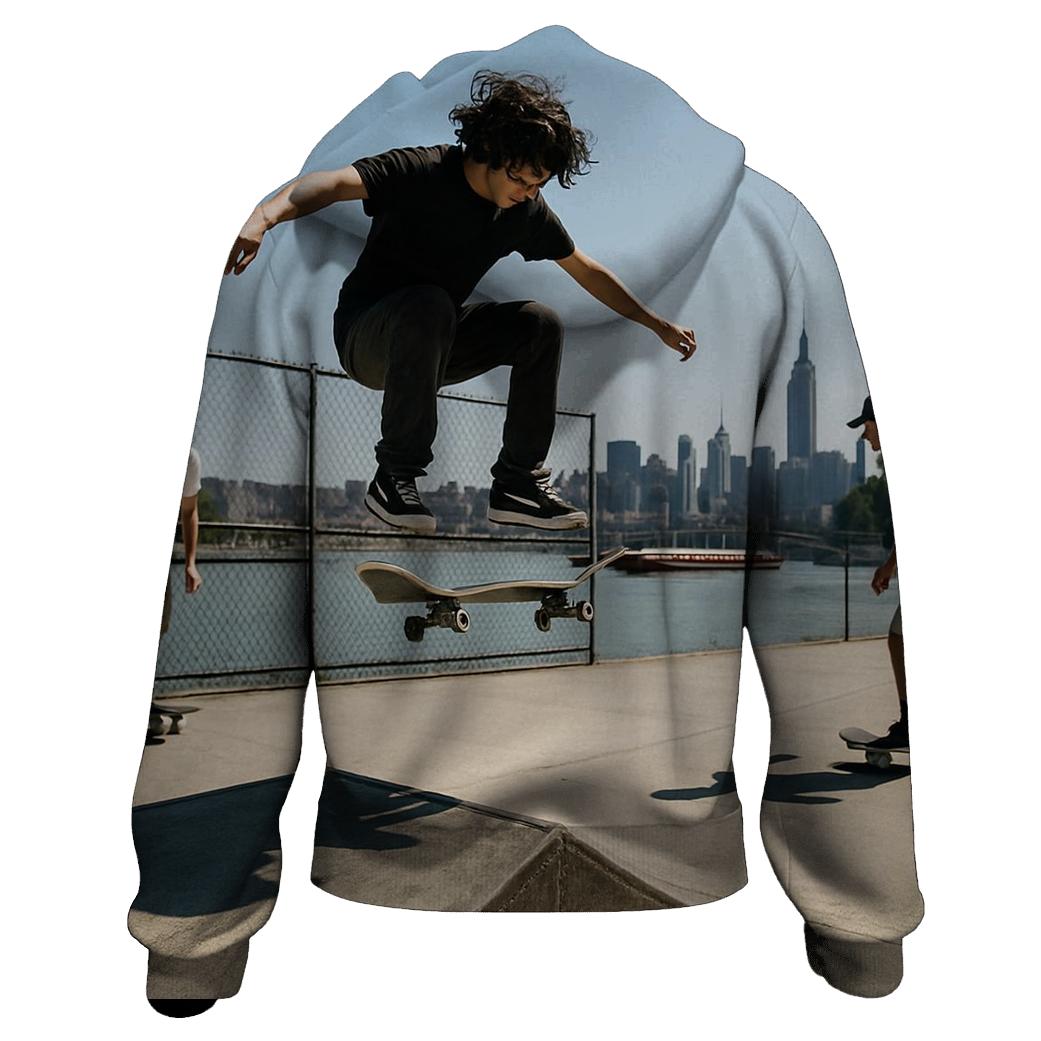 Harlem River Skate Park With Far Midtown Skyline premium hoodies