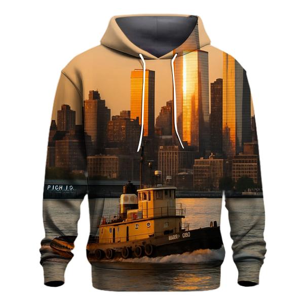 Sunset Tugboat Crossing The Hudson With Uptown Towers printed hoodies