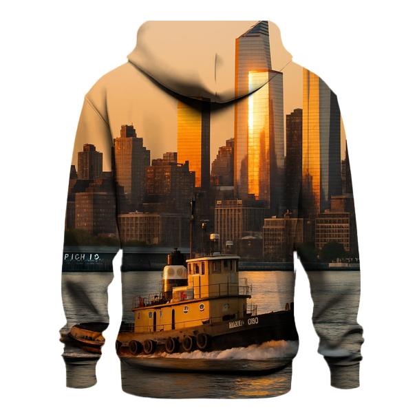 Sunset Tugboat Crossing The Hudson With Uptown Towers printed hoodies
