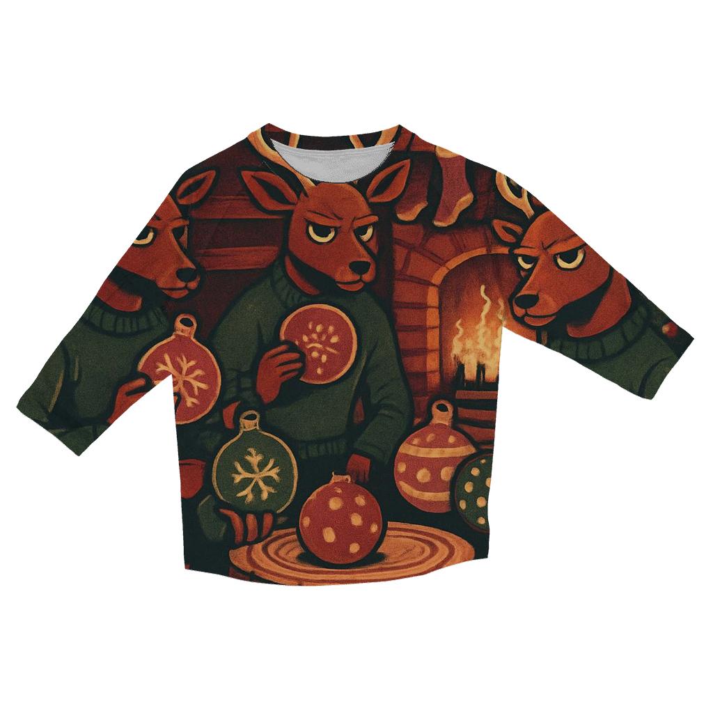 Reindeer Poker Night In Cozy Cabin Glow trendy 3/4 sleeve tops