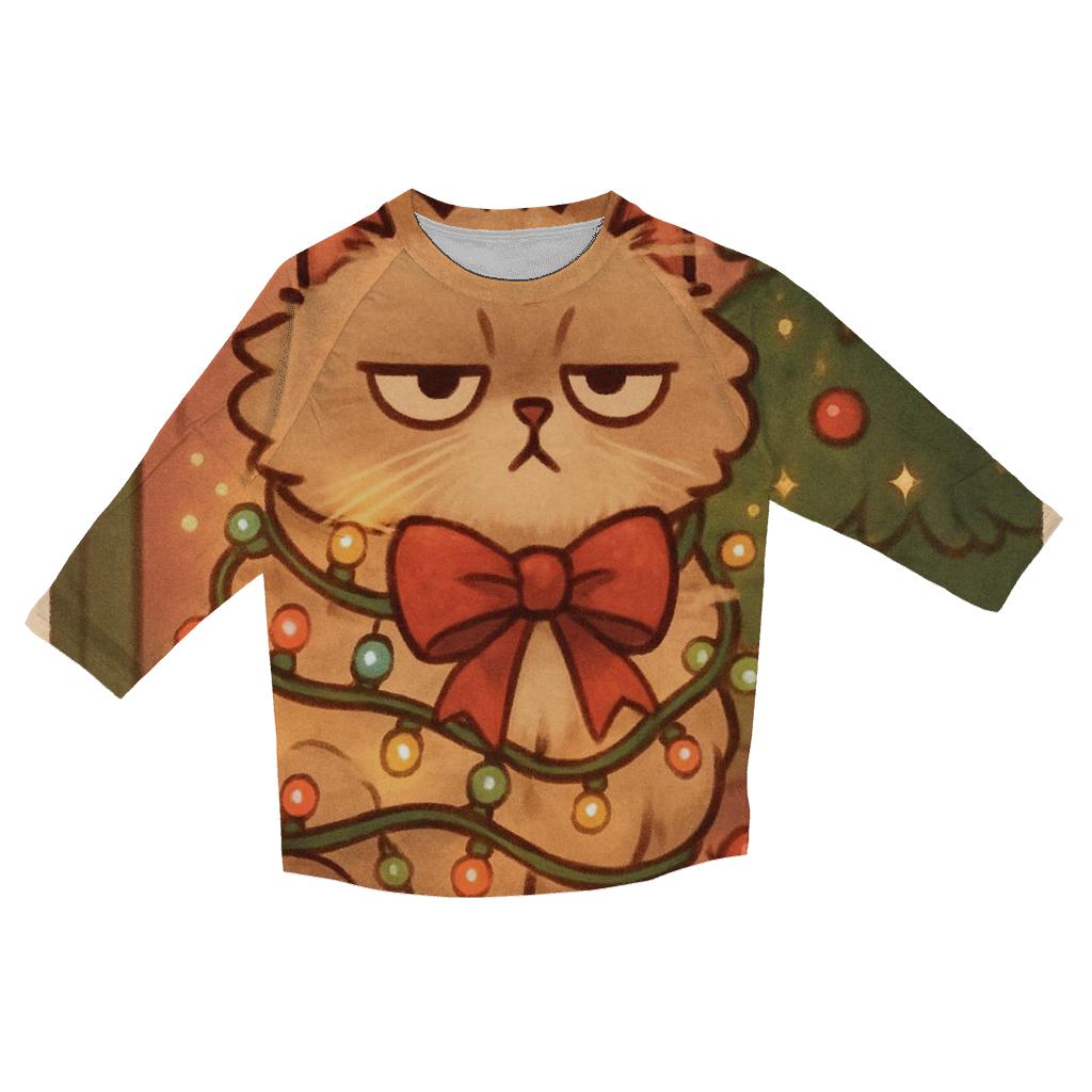 Grumpy Christmas Cat Tangled In Fairylights cotton quarter sleeve shirts