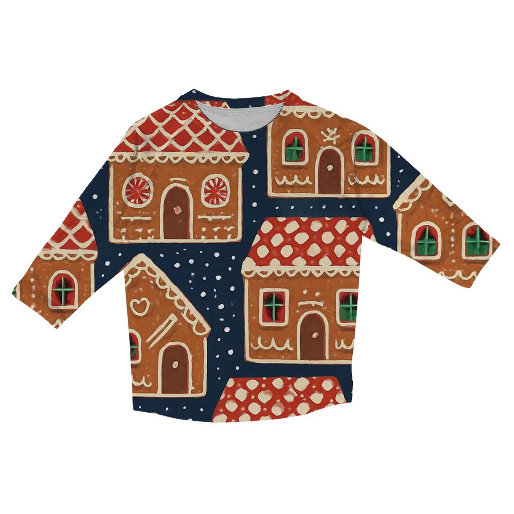 Gingerbread House Tile Blocks On Navy Background trendy 3/4 sleeve tops