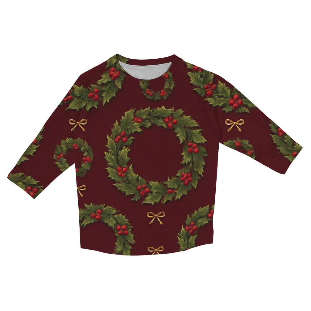 Holly Wreath Ring Repeat On Burgundy Background casual three quarter sleeve shirts