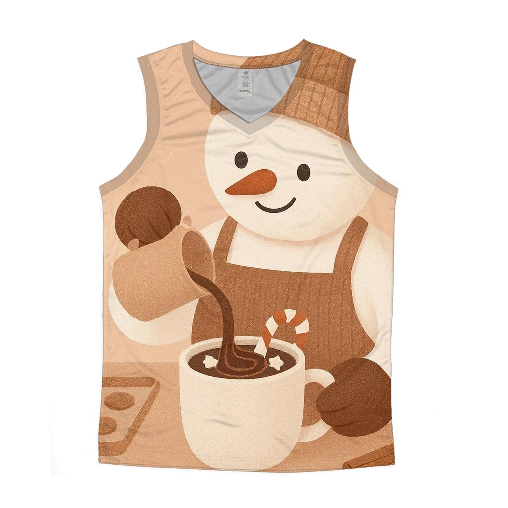 Snowman Barista Serving Cocoa Swirls sports performance tank tops
