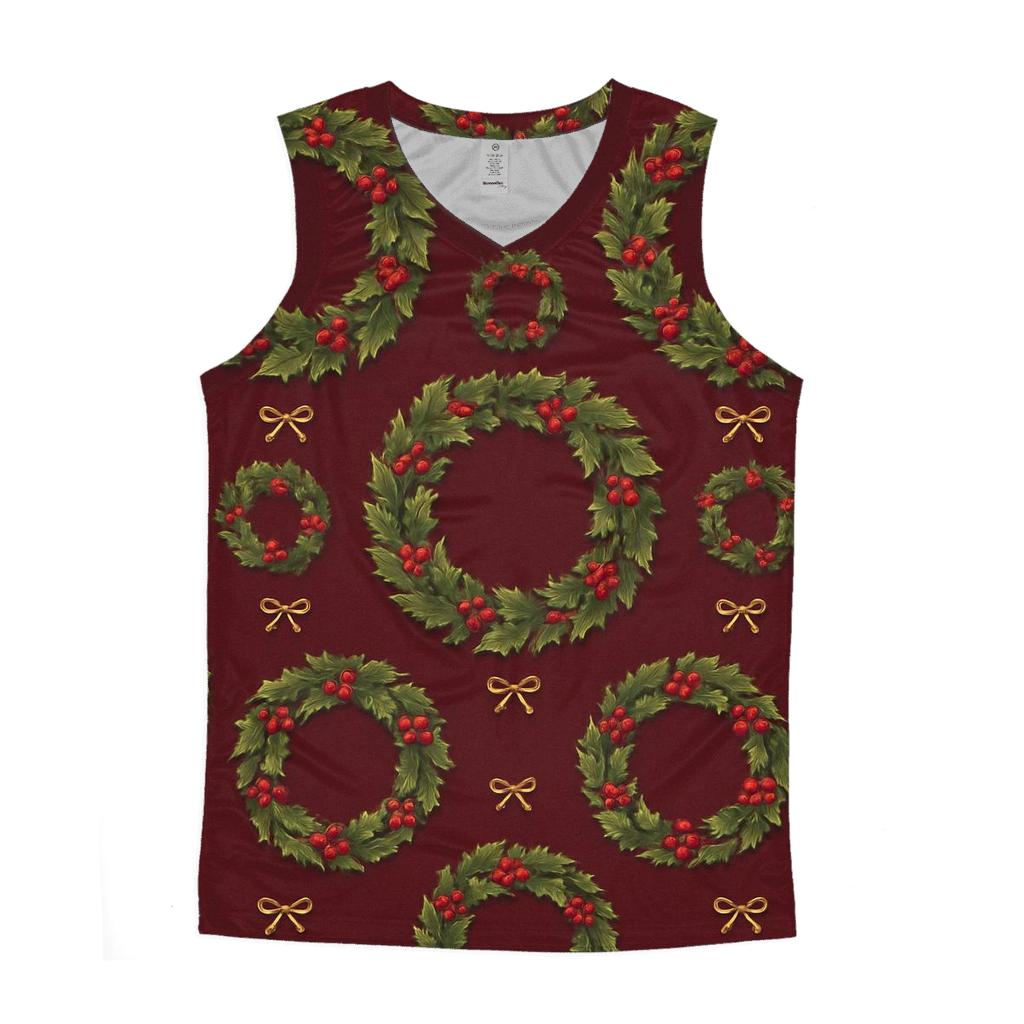 Holly Wreath Ring Repeat On Burgundy Background graphic print tank tops