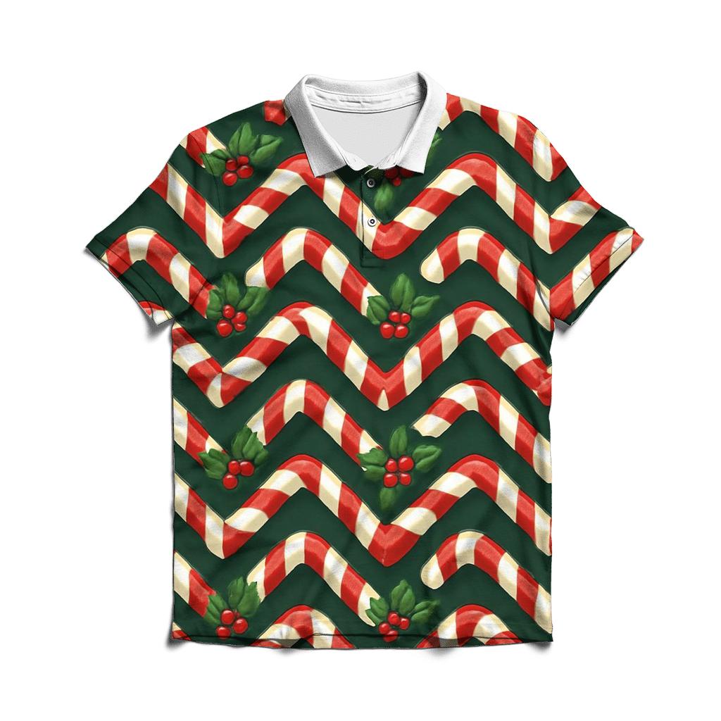 Candy Cane Ribbon Chevron On Deep Evergreen Background custom polo shirts