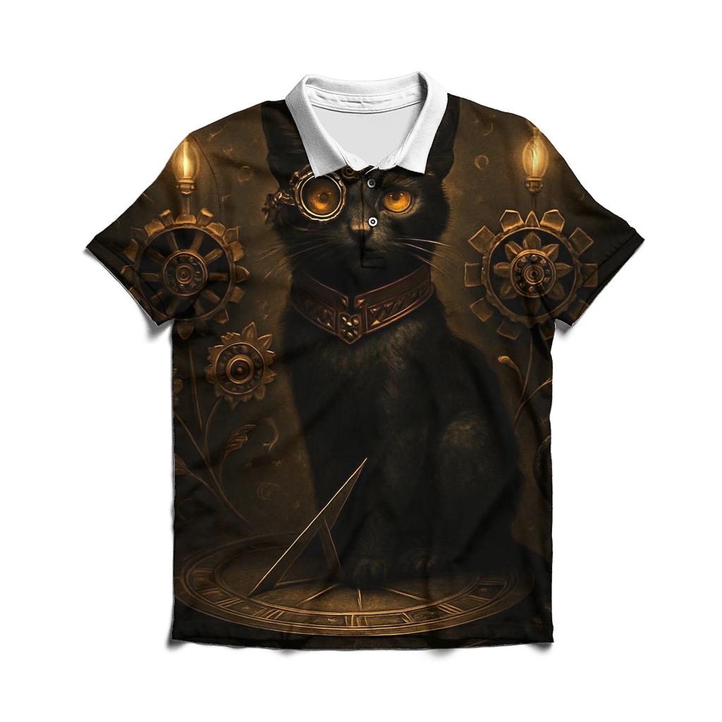 Clockwork Garden Guardian Cat embroidered polo tops