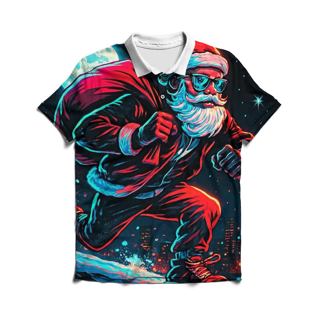 Neon Night Santa On A Rooftop Run designer slim fit polos