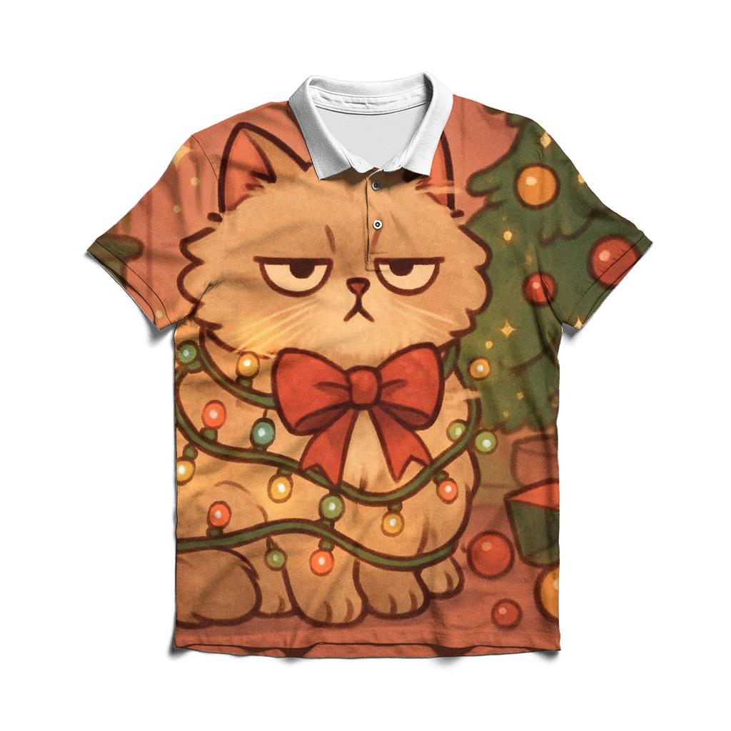 Grumpy Christmas Cat Tangled In Fairylights classic pique polos