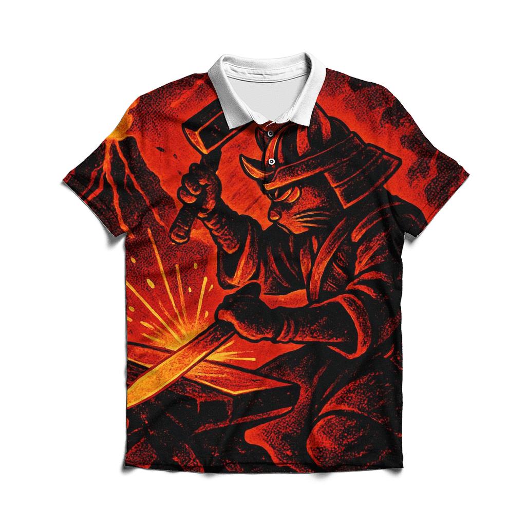 Volcanic Forge Samurai Cat classic pique polos
