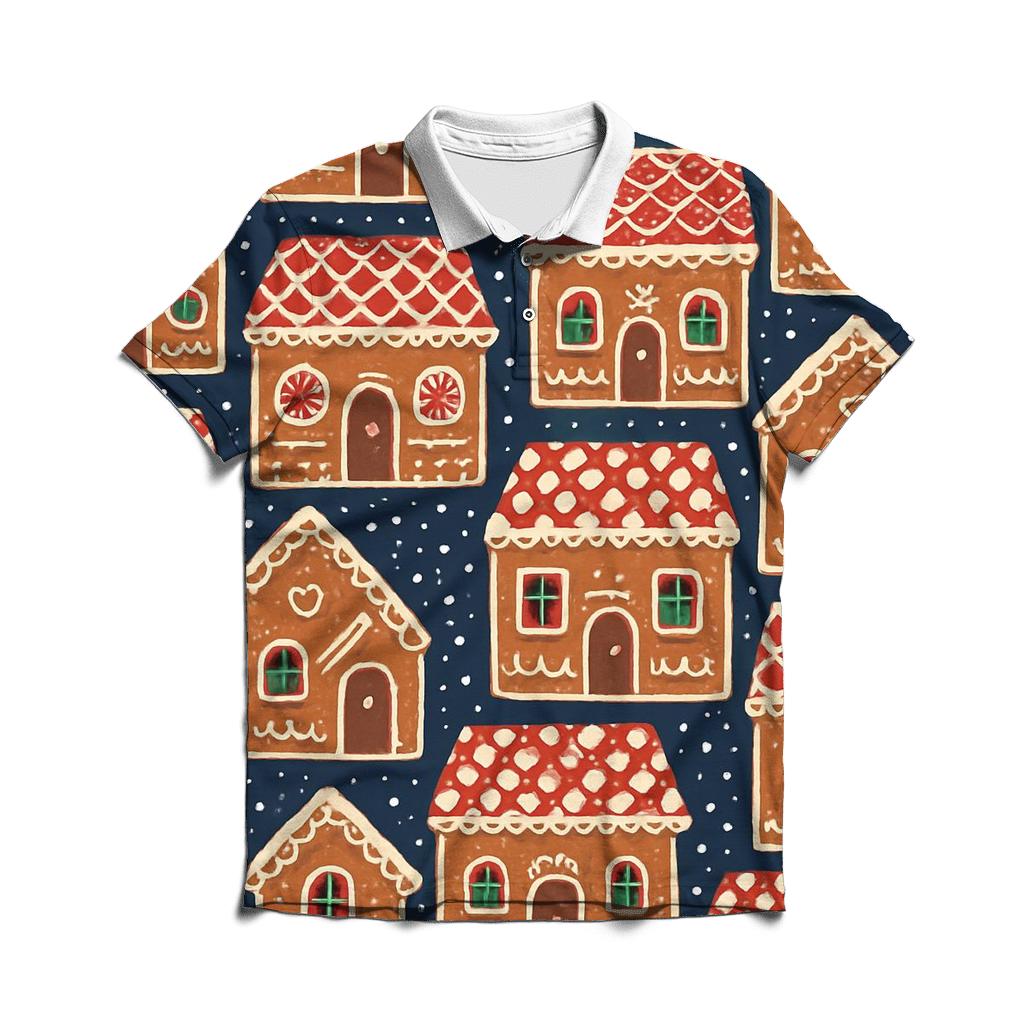 Gingerbread House Tile Blocks On Navy Background embroidered polo tops