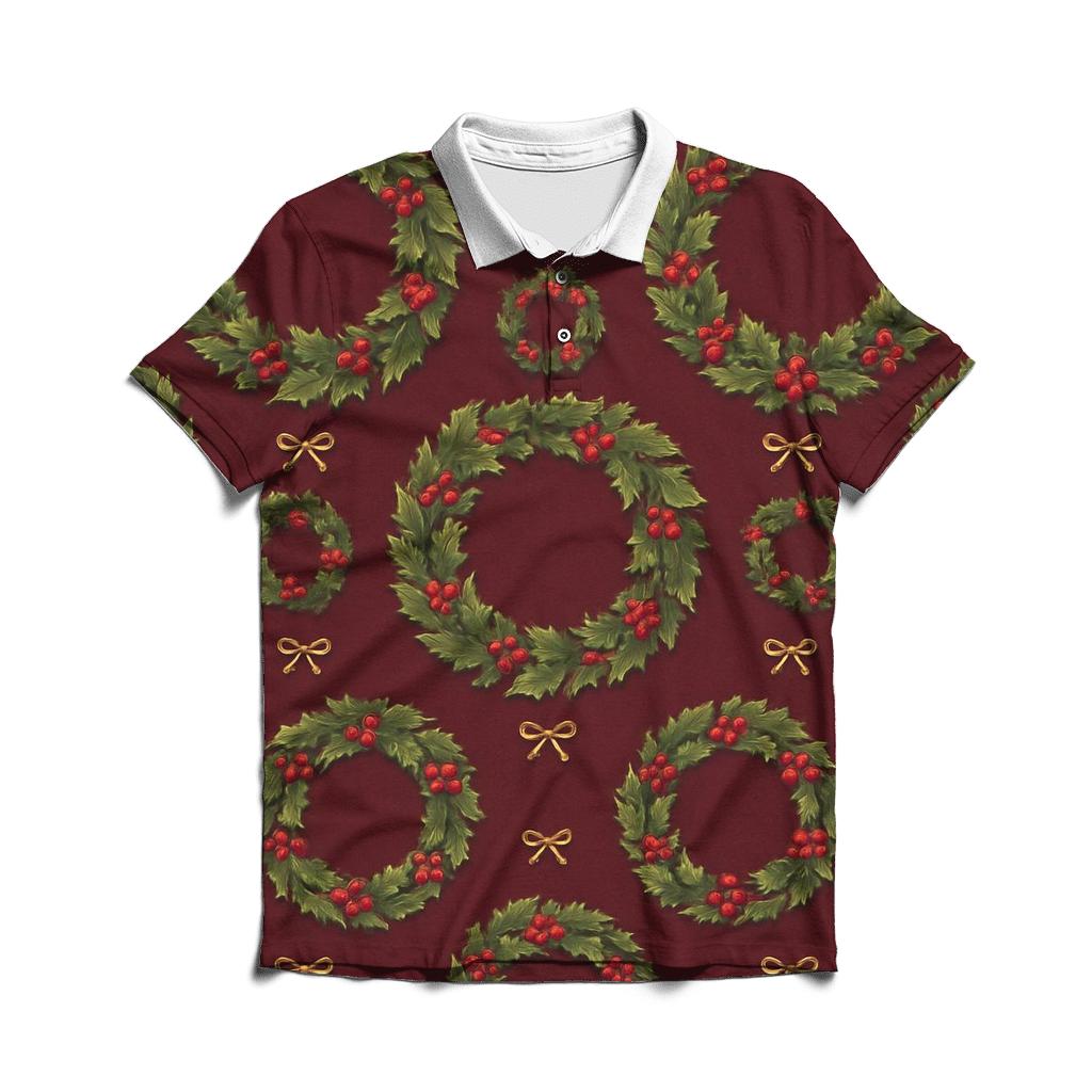 Holly Wreath Ring Repeat On Burgundy Background branded logo polo shirts