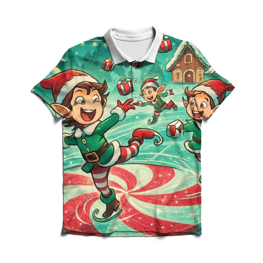 Elf Skate Party On Frozen Candy Pond premium cotton polo shirts