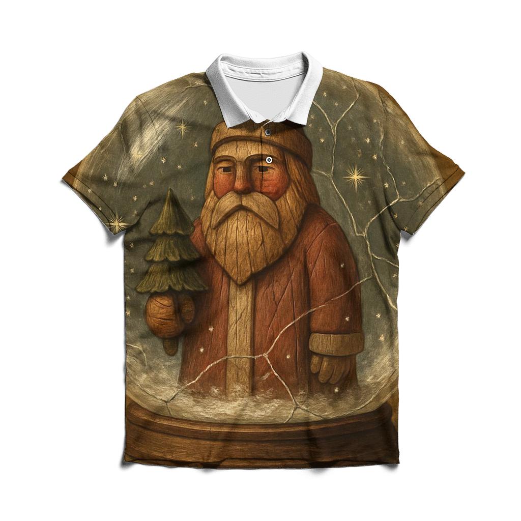Wood Carved Vintage Santa In Snow Globe Forest designer slim fit polos